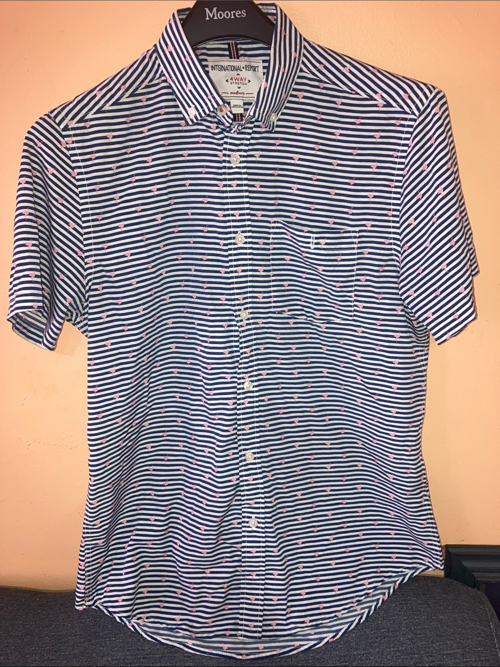 Navy & White Strip Short Sleeve Button-Down with Pink flamingo Accents all over